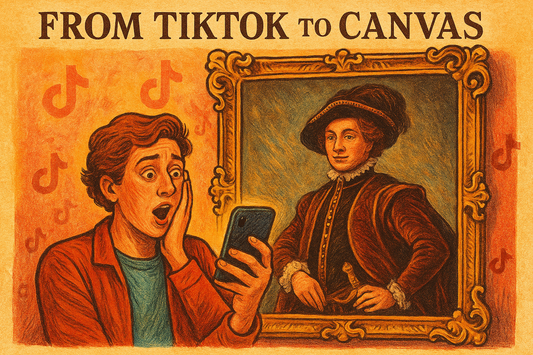 A modern person holding a phone while reacting to their custom vintage portrait, which hangs behind them in a grand frame. The portrait shows them as a noble from the past, blending TikTok culture with historical style.
