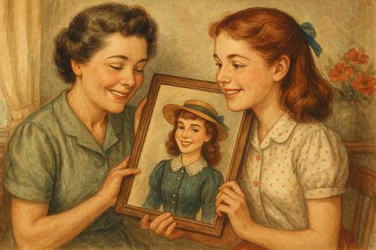 A mother and teenage daughter smiling as they look at a custom vintage-style portrait of the daughter, capturing a moment of bonding and appreciation.