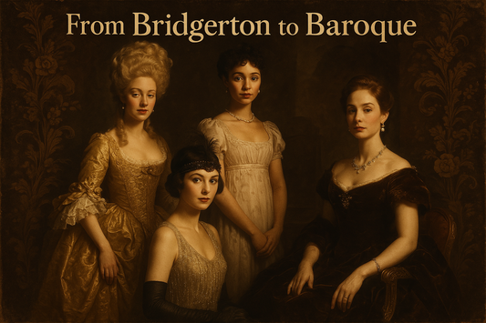 A collage of four stylized historical characters inspired by popular period dramas, each dressed in a different vintage style and posed like classic portraits, representing the rise of historical aesthetics in modern pop culture.
