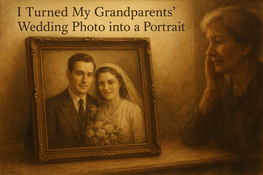 A framed vintage-style painted portrait based on an old wedding photo, displayed on a table with a family member gazing at it emotionally, capturing the theme of memory and legacy.