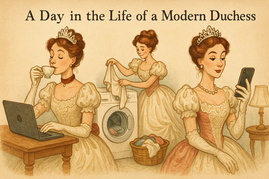 A playful scene showing a modern woman in full duchess attire performing daily tasks like checking her phone, drinking tea, and folding laundry, highlighting the contrast between elegance and modern life.