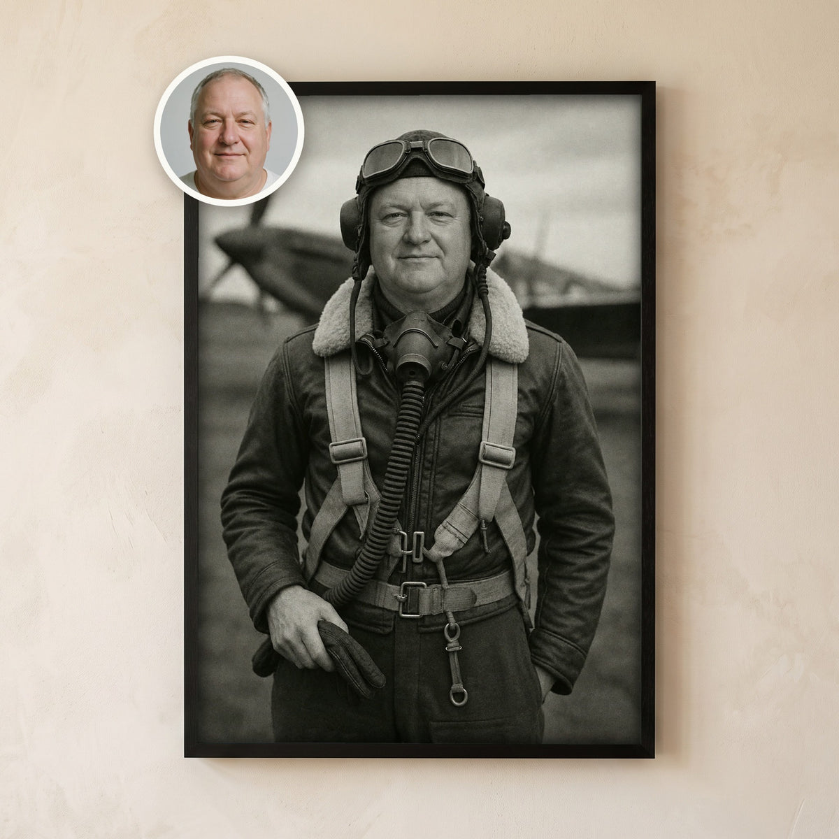 Framed black and white portrait of a man as a WWII fighter pilot, with his original photo in a circle at the corner