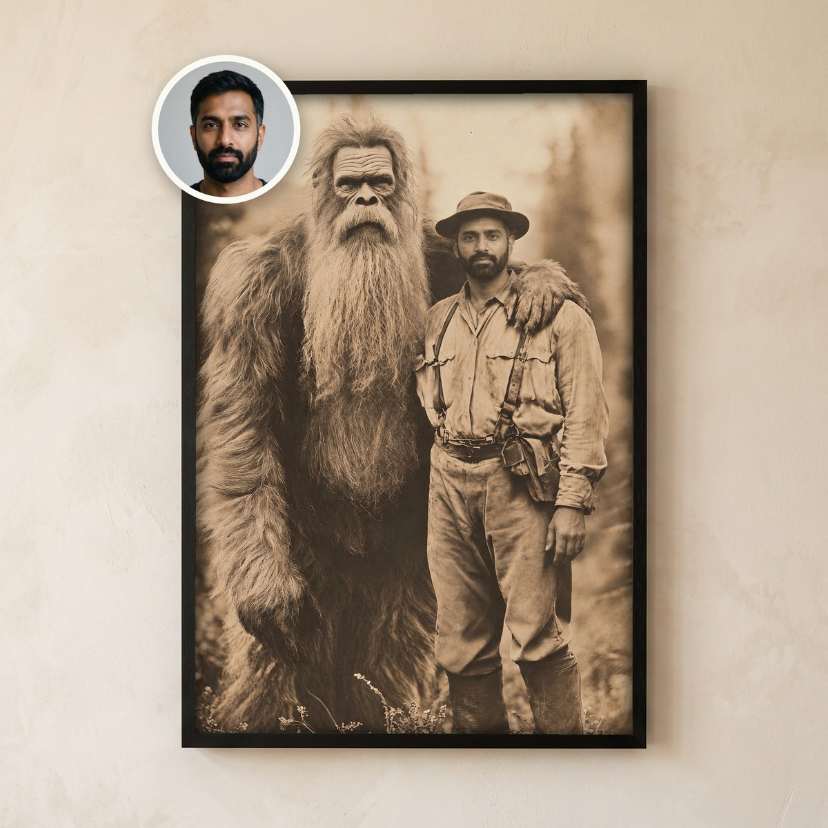 Framed sepia portrait of a man as an explorer standing next to Bigfoot, with his original photo in a circle at the corner