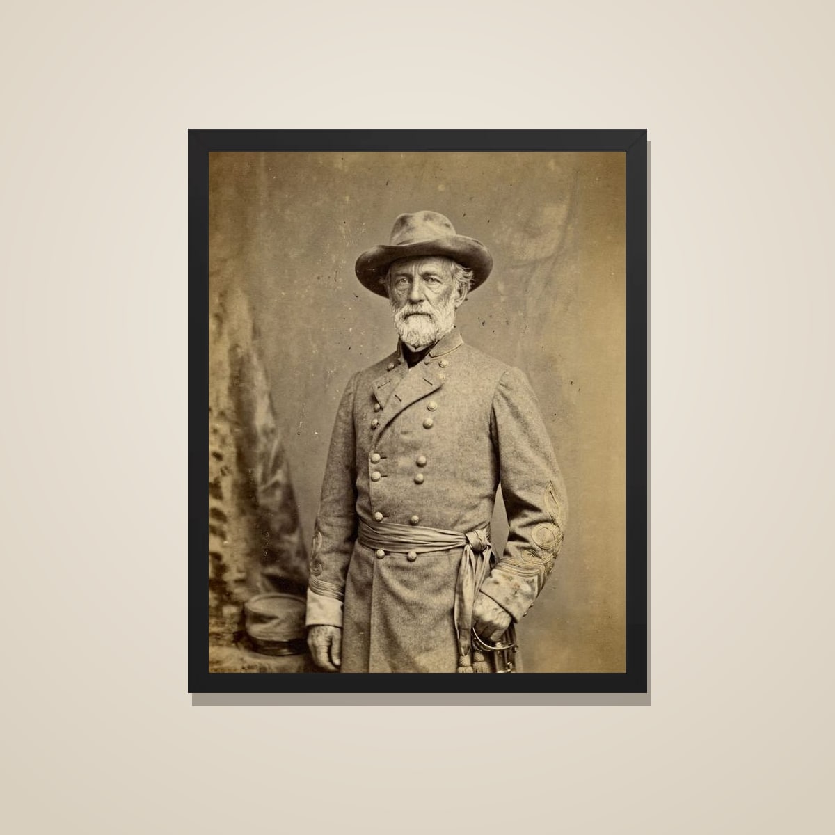 Civil War general portrait printed and framed in black, on a warm wall
