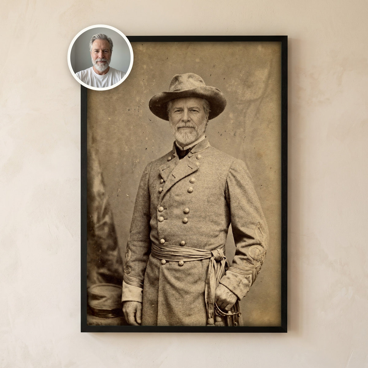 Framed sepia portrait of a grey-bearded man as an 1860s Civil War general, with his original photo in a circle at the corner