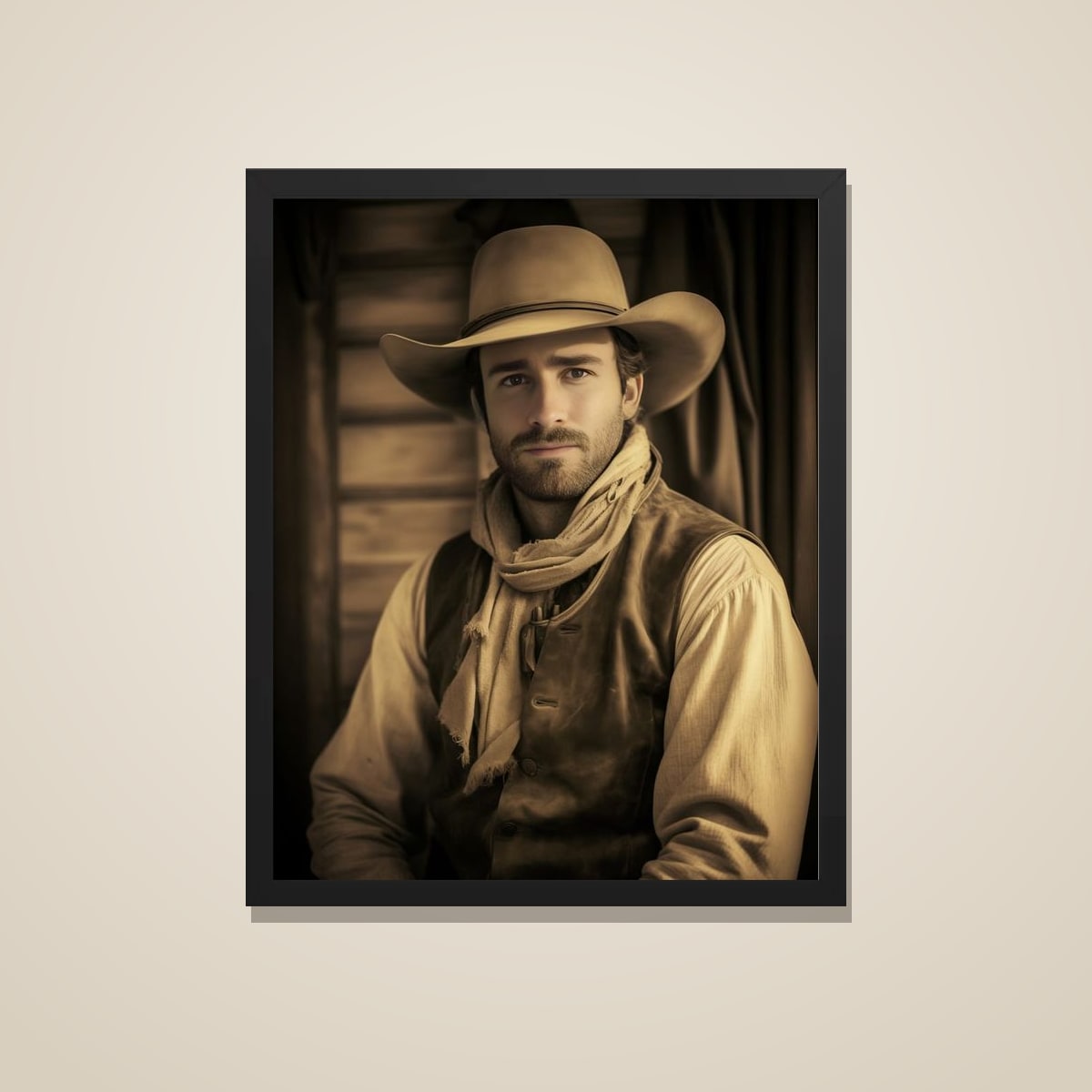 Wild West cowboy portrait printed and framed in black, on a warm wall