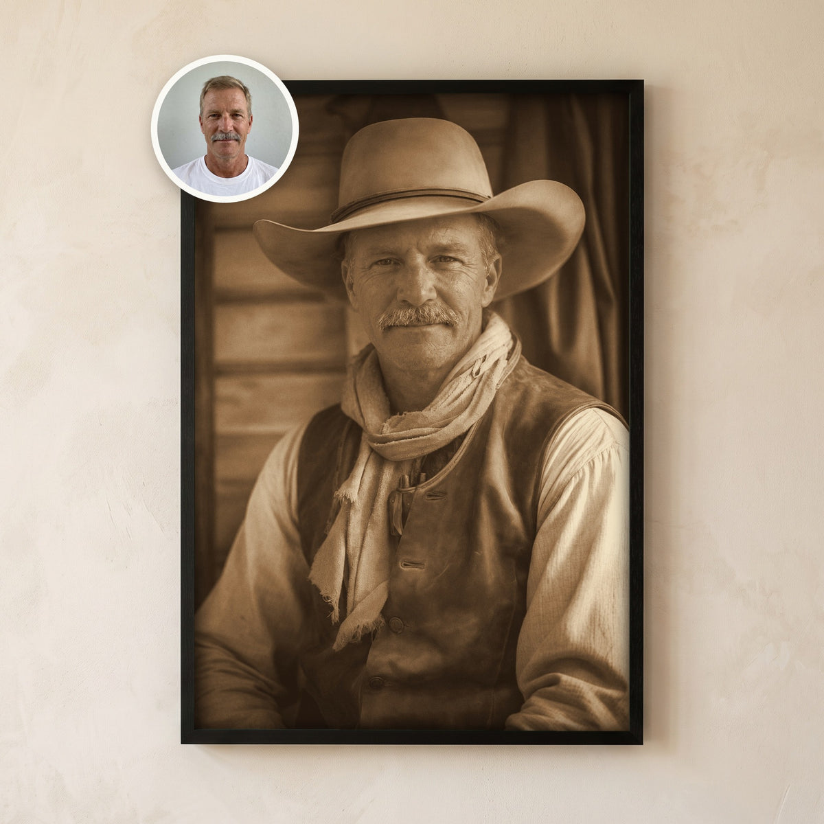 Framed sepia portrait of a man as an 1880s Wild West cowboy, with his original photo in a circle at the corner