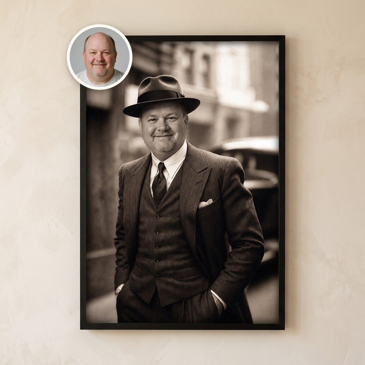 Framed sepia portrait of a man as a 1930s gangster in a fedora and pinstripe suit, with his original photo in a circle at the corner