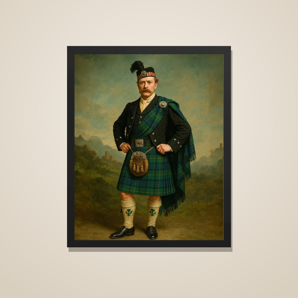 Highland gentleman portrait printed and framed in black, on a warm wall