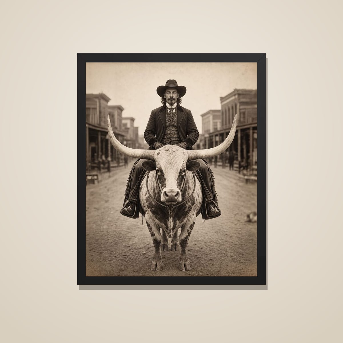 Longhorn rider portrait printed and framed in black, on a warm wall