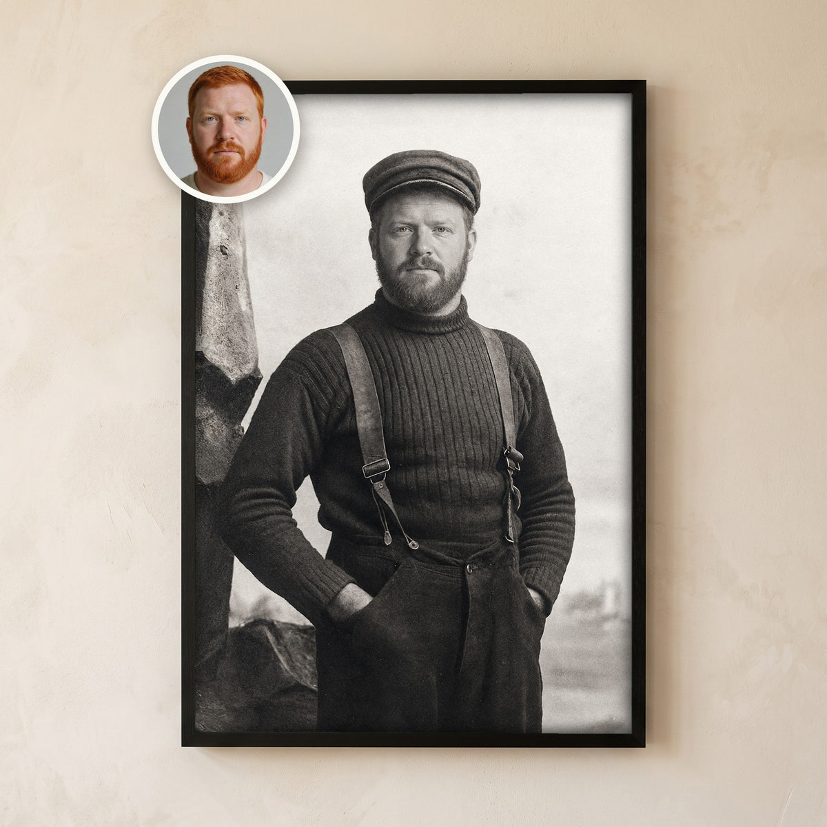 Framed black and white portrait of a red-bearded man as an old sailor, with his original photo in a circle at the corner