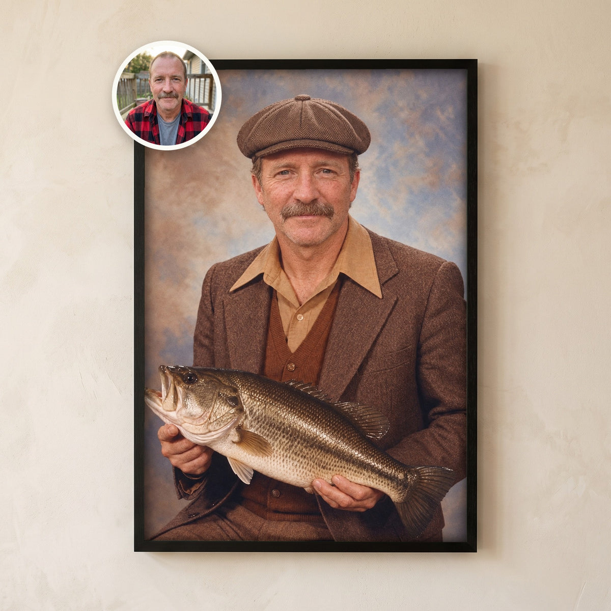 Framed 1970s colour studio portrait of a man in a flat cap holding a trophy bass, with his original photo in a circle at the corner