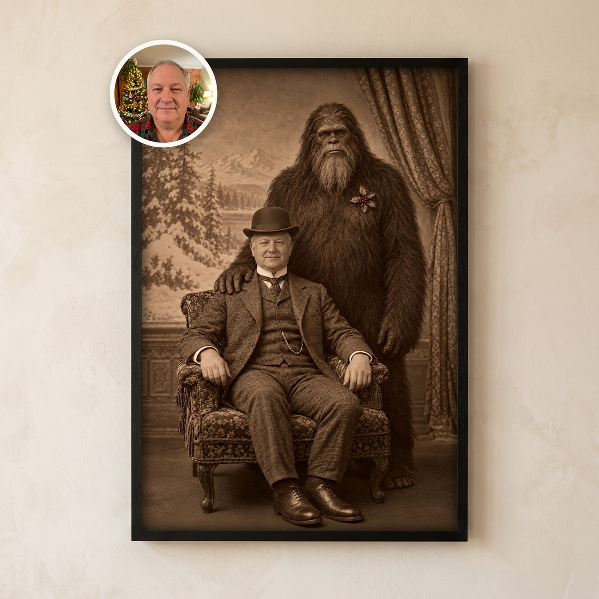 Framed sepia portrait of a man in a bowler hat seated in an armchair with Bigfoot standing behind him, with his original photo in a circle at the corner