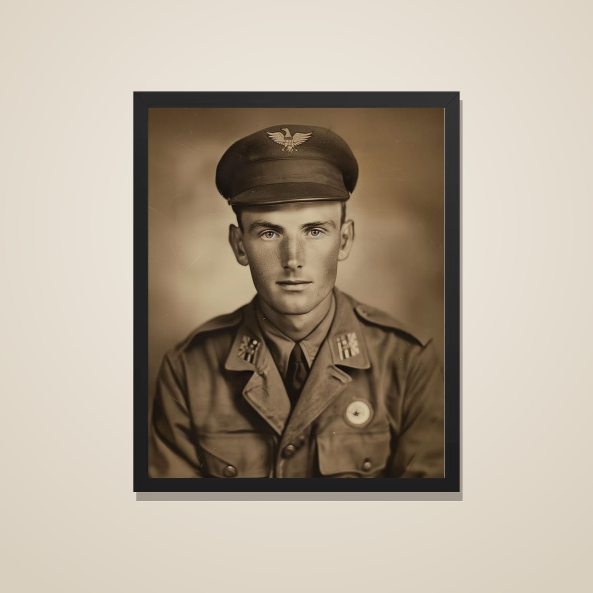 WWII officer portrait printed and framed in black, on a warm wall