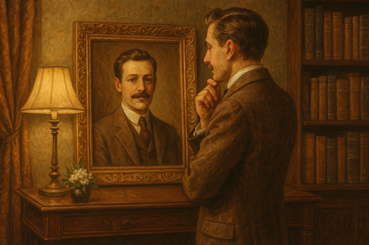 An individual gazes fondly at a custom vintage-style portrait of themselves, set against an elegant backdrop, symbolizing the perfect gift for someone who has everything.