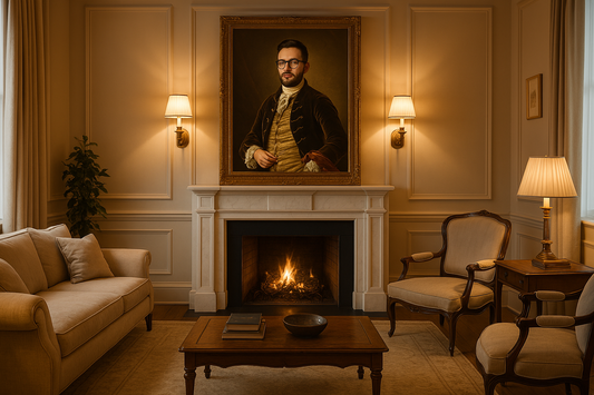 A stylish living room showcasing a custom vintage-style portrait above the fireplace, blending historical elegance with modern interior design.