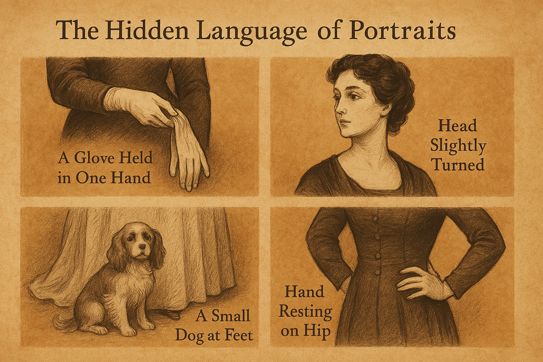 A vintage-style collage highlighting symbolic details from historical portraits, including gloves, posture, pets, and background elements—each with subtle meanings explained visually.