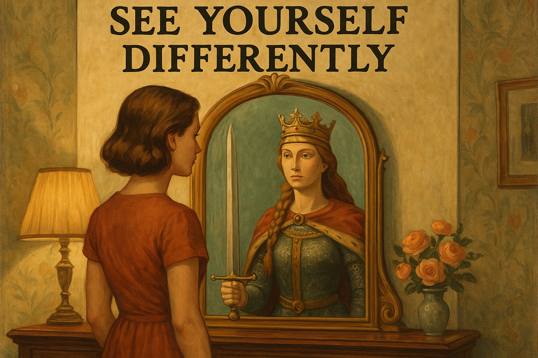A woman stands before a vintage mirror, her reflection transformed into a regal historical figure, symbolizing identity, imagination, and the power of reimagining oneself.