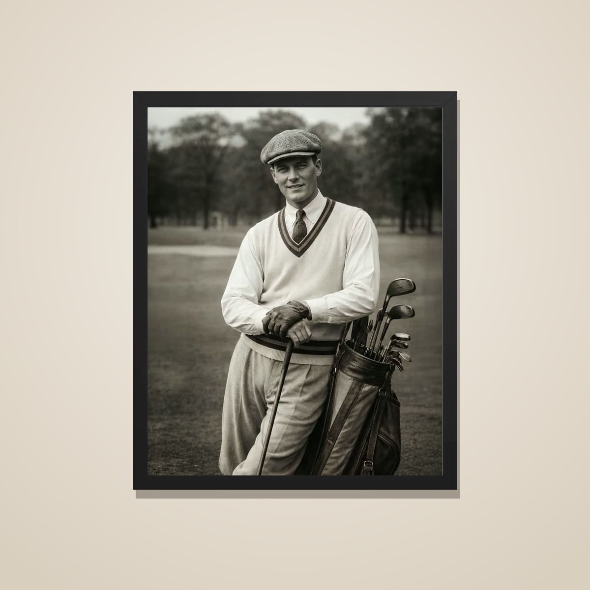 1920s golfer portrait in sepia, printed and framed in black, on a warm wall