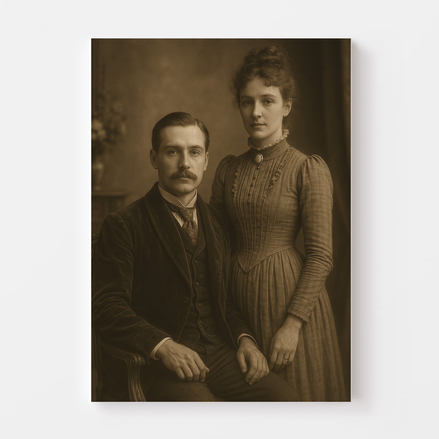 Sepia portrait of a Victorian couple with a seated man in a formal suit and a woman standing beside him in a high-collared, pleated dress.