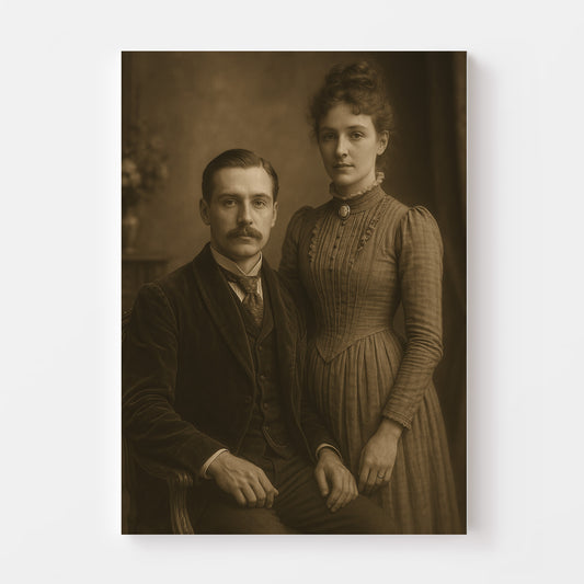 Sepia portrait of a Victorian couple with a seated man in a formal suit and a woman standing beside him in a high-collared, pleated dress.