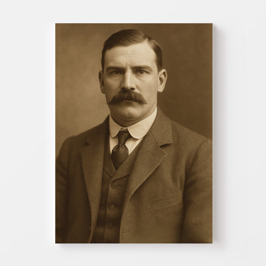 Sepia portrait of a man with a thick curled mustache and formal 1900s suit, recreated from a modern photo.