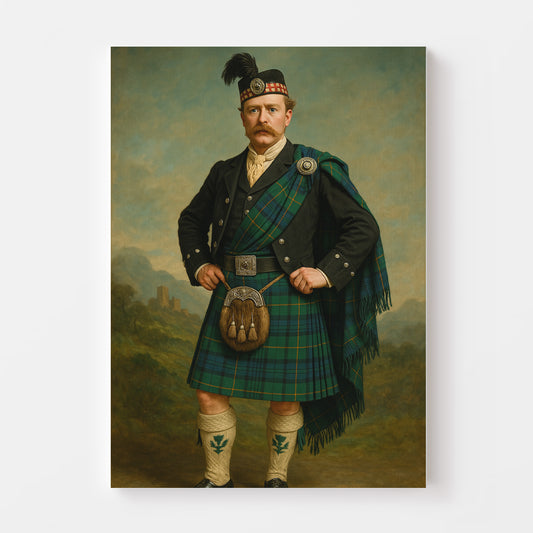 Portrait of a man wearing traditional Scottish Highland attire, including a tartan kilt and feathered bonnet, standing proudly before a scenic landscape.