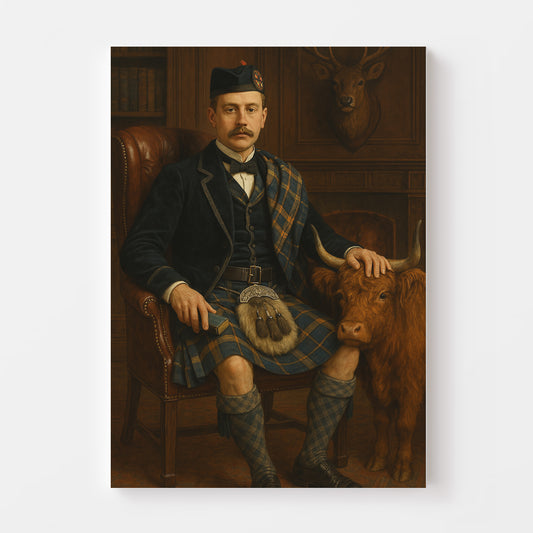 Portrait of a man dressed as a 19th-century Scottish nobleman with tartan and a Highland cow, seated in a traditional wood-paneled study.