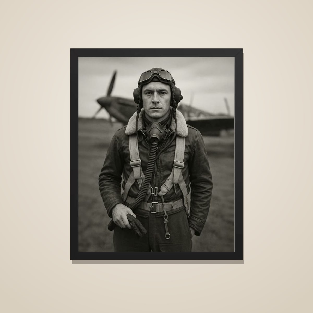 WWII fighter pilot portrait printed and framed in black, on a warm wall