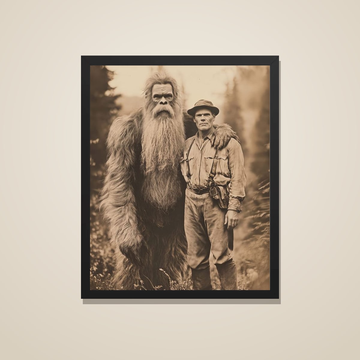 Bigfoot explorer portrait printed and framed in black, on a warm wall
