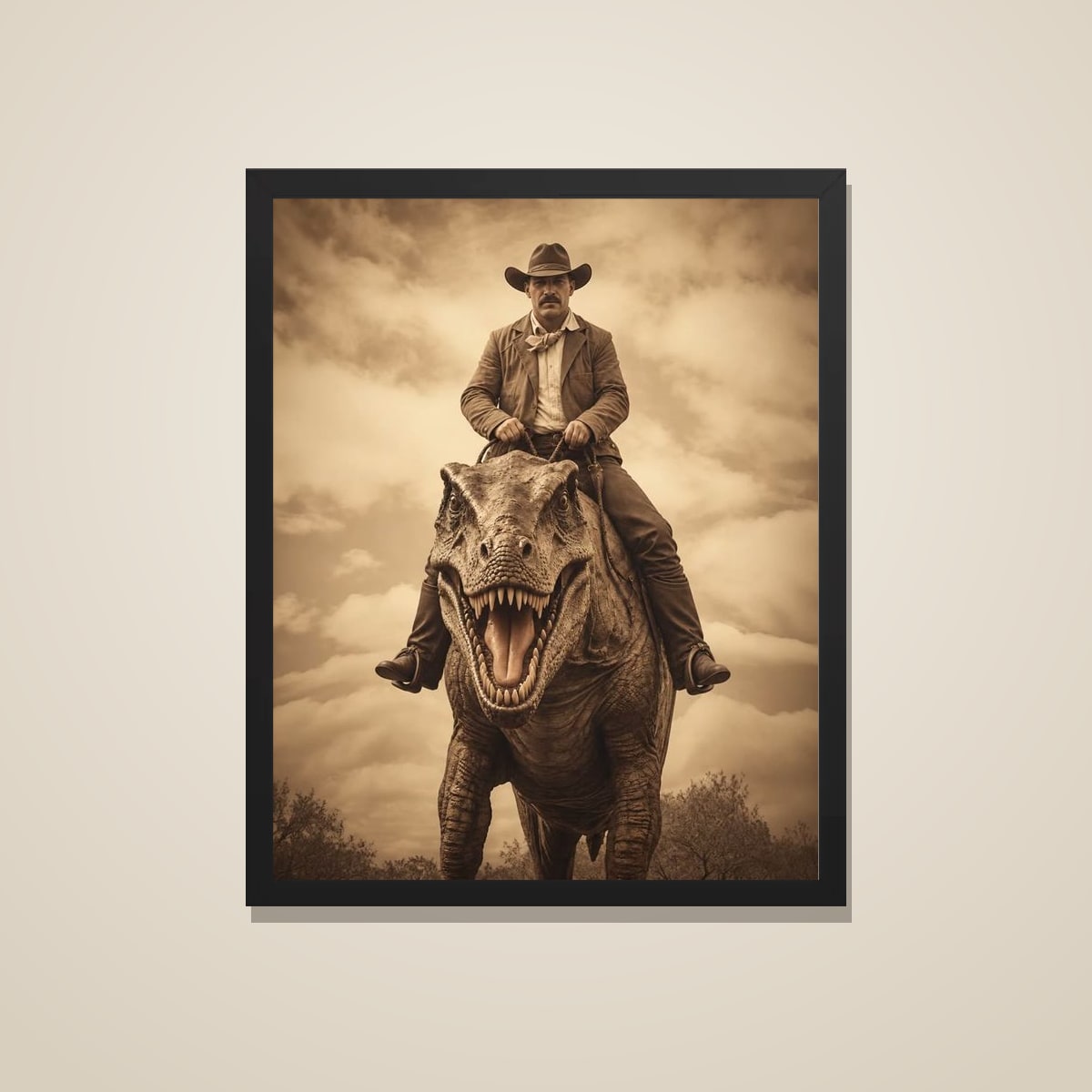 Cowboy on a T-rex portrait printed and framed in black, on a warm wall
