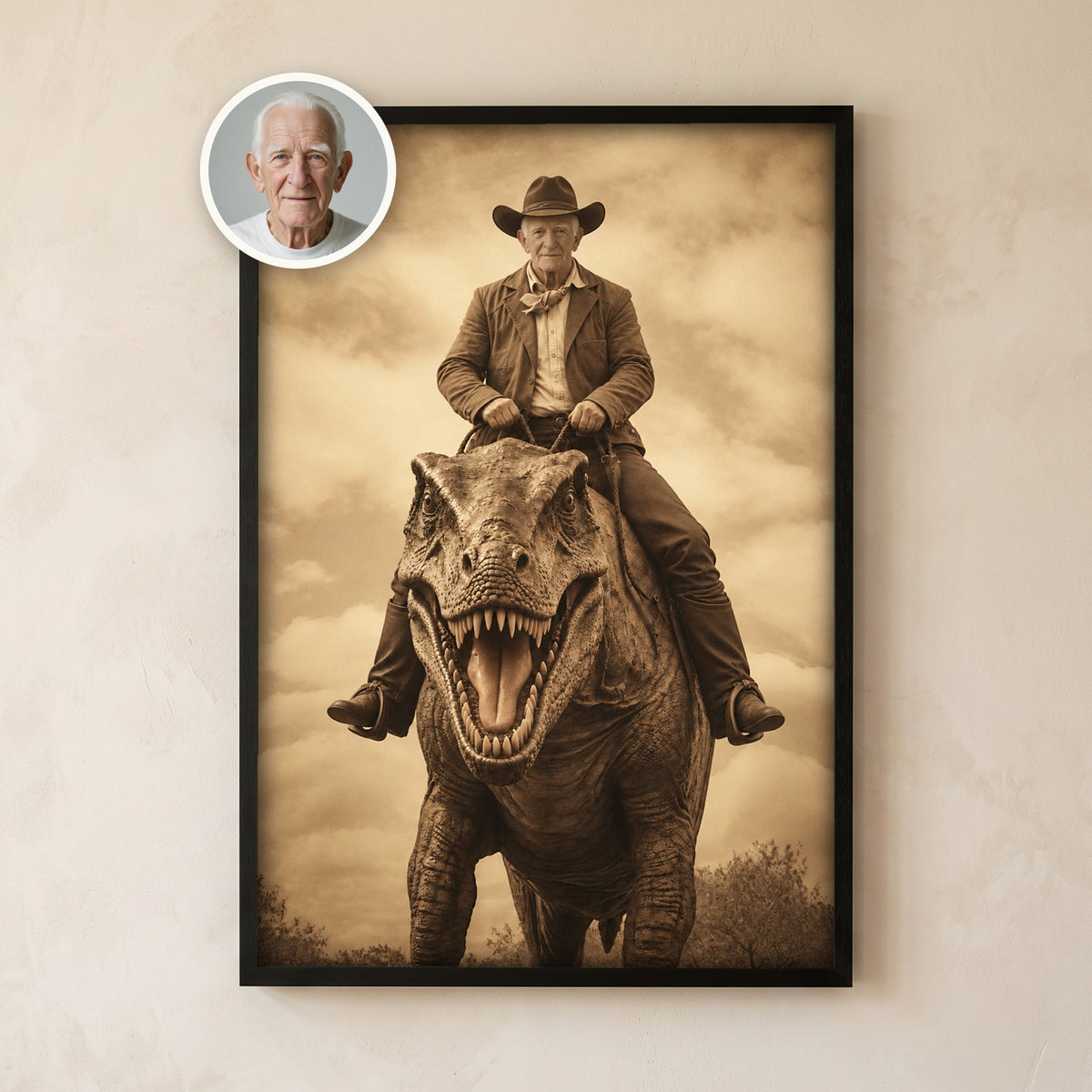 Framed sepia portrait of a grandfather as a cowboy riding a T-rex, with his original photo in a circle at the corner