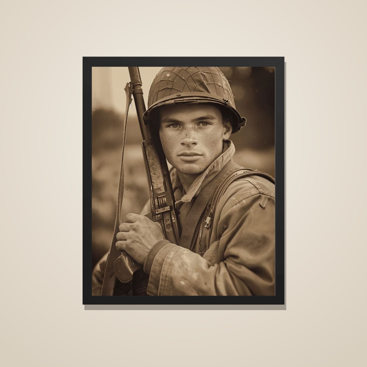 WWII soldier portrait printed and framed in black, on a warm wall