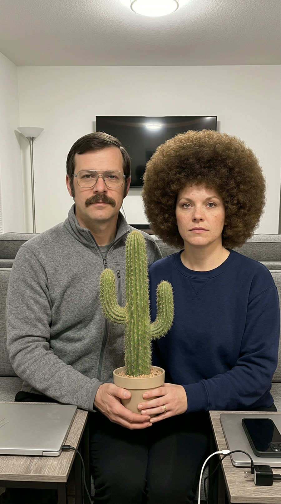 The original photo: a couple on their sofa holding a cactus