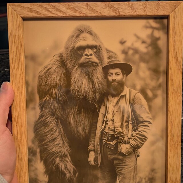 Framed sepia portrait of a man standing next to Bigfoot