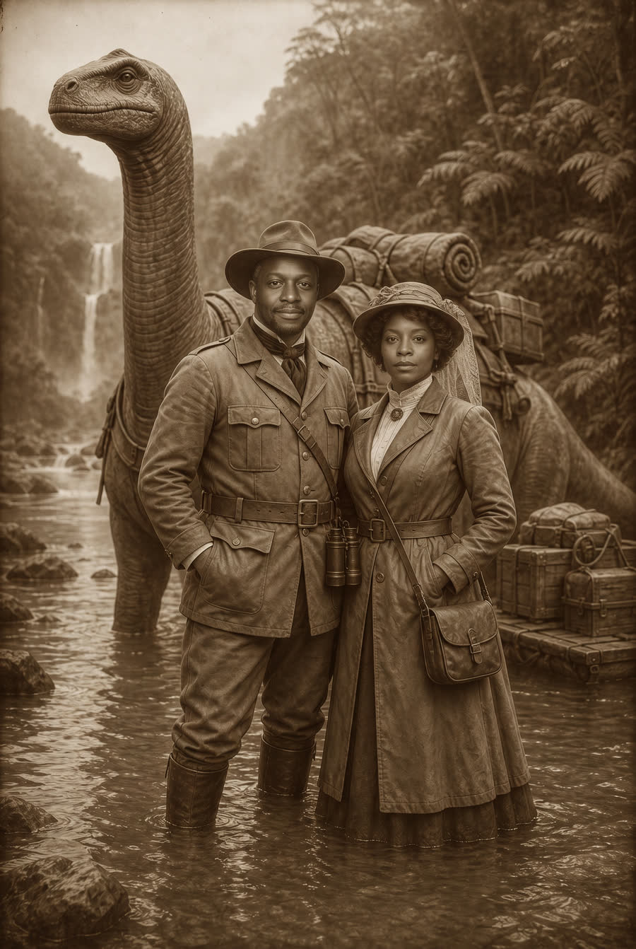 Victorian explorer couple standing in a river in front of a giant sauropod