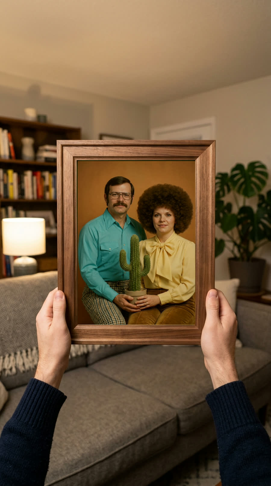 Hands holding up a framed 1970s-style portrait of a couple in a living room
