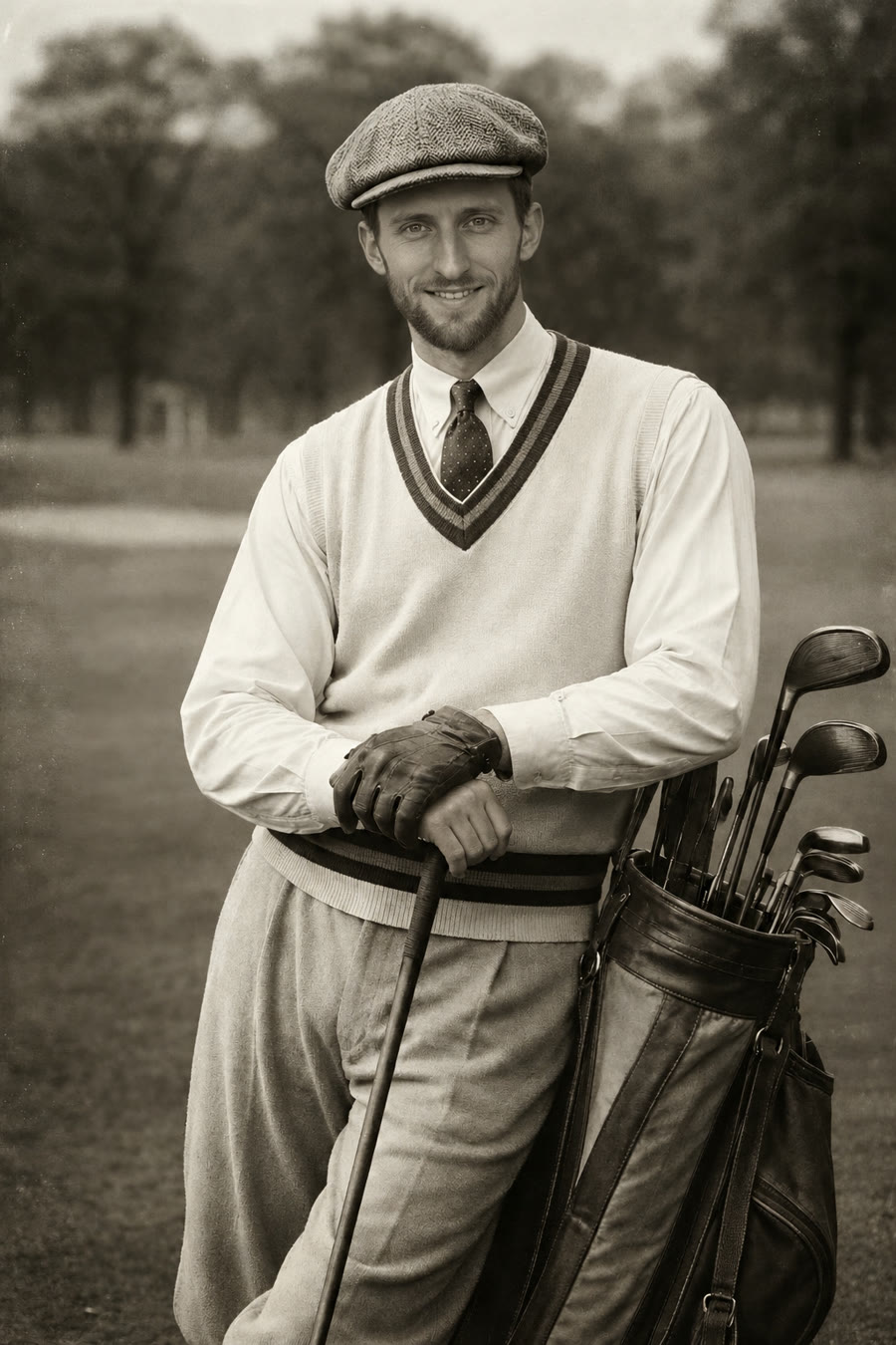 Sepia portrait of a smiling young golfer in a tweed cap and sweater vest on a tree-lined course