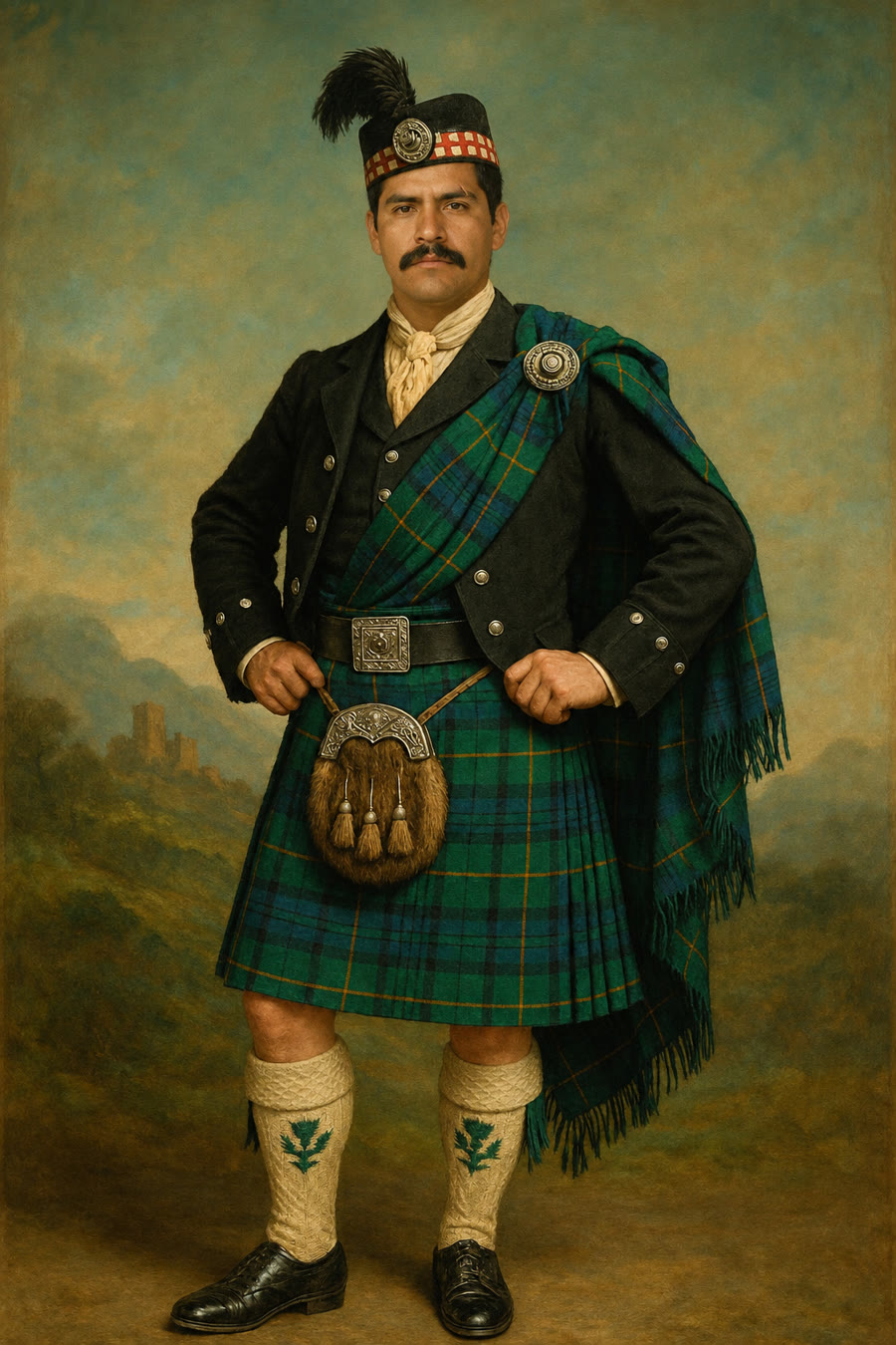 Oil-style portrait of a Highland gentleman in a green tartan kilt, feathered bonnet and sporran, with a castle behind him
