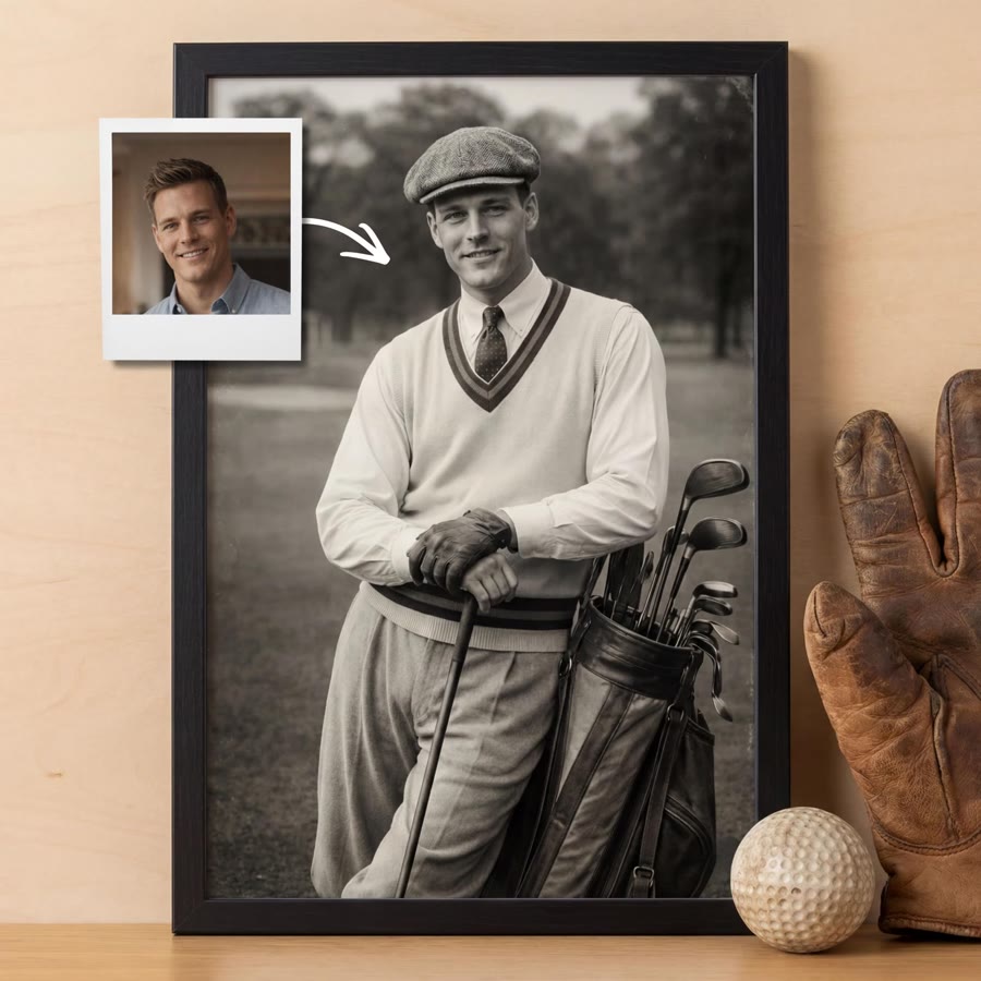 A black-framed vintage portrait of a 1930s golfer in a flat cap and sweater vest, next to the original photo, a golf ball and an old leather glove