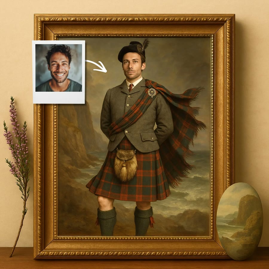 Framed portrait of a man in a red tartan kilt on a Scottish sea cliff, next to the original photo