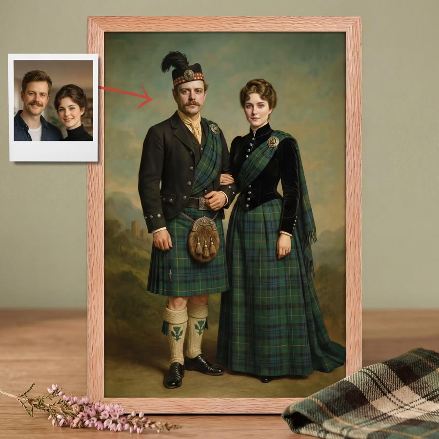 Framed portrait of a couple in matching green tartan, him in a kilt and her in a tartan gown, next to the original photo