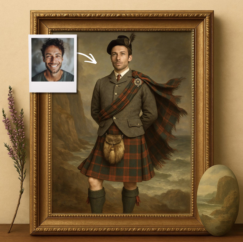 Example showing a customer photo transformed into a historical-style portrait