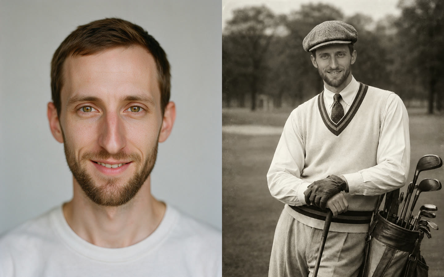 On the left, a plain headshot of a young man with a short beard; on the right, the same man as a 1930s golfer in a sepia portrait