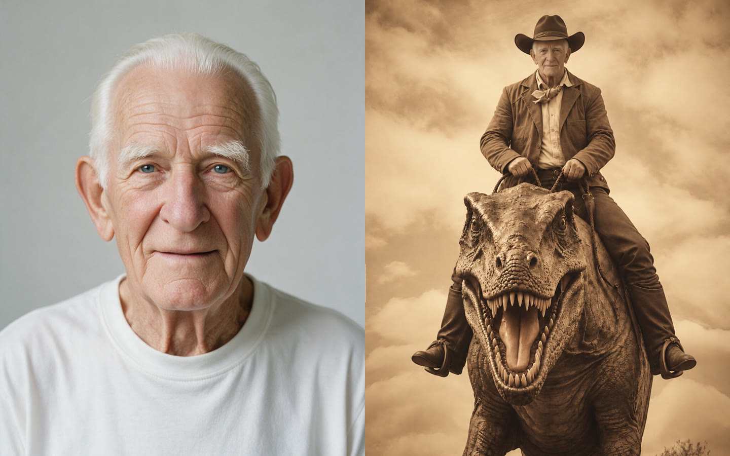 On the left, a plain headshot of a smiling white-haired grandfather in a white t-shirt; on the right, the same man as a cowboy riding a T-rex in a sepia portrait