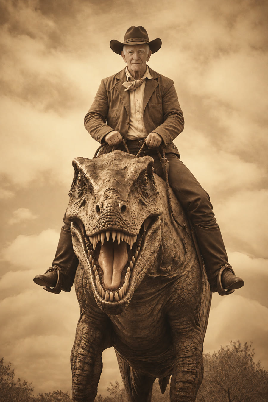 Sepia portrait of a smiling white-haired grandfather in a cowboy hat and neckerchief, riding a roaring T-rex under a cloudy sky