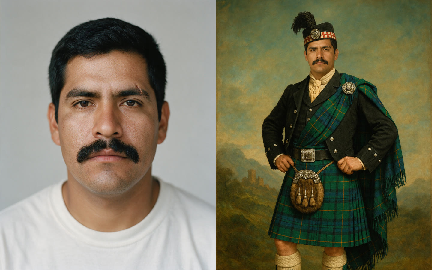 On the left, a plain headshot of a man with a moustache; on the right, the same man as a Highland gentleman in a painted portrait