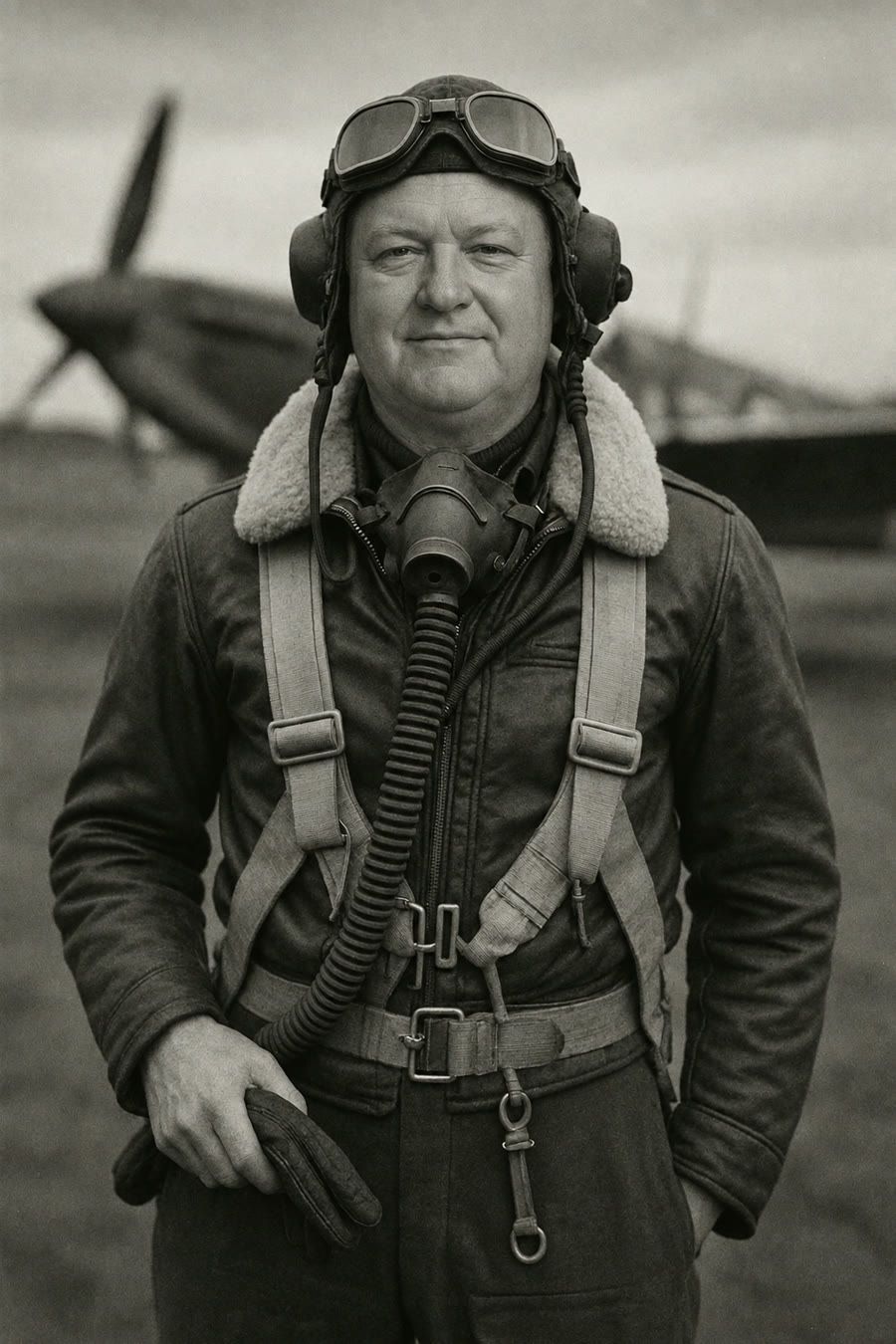 Sepia portrait of a smiling older man with grey hair dressed as a WWII fighter pilot, standing in front of a propeller plane