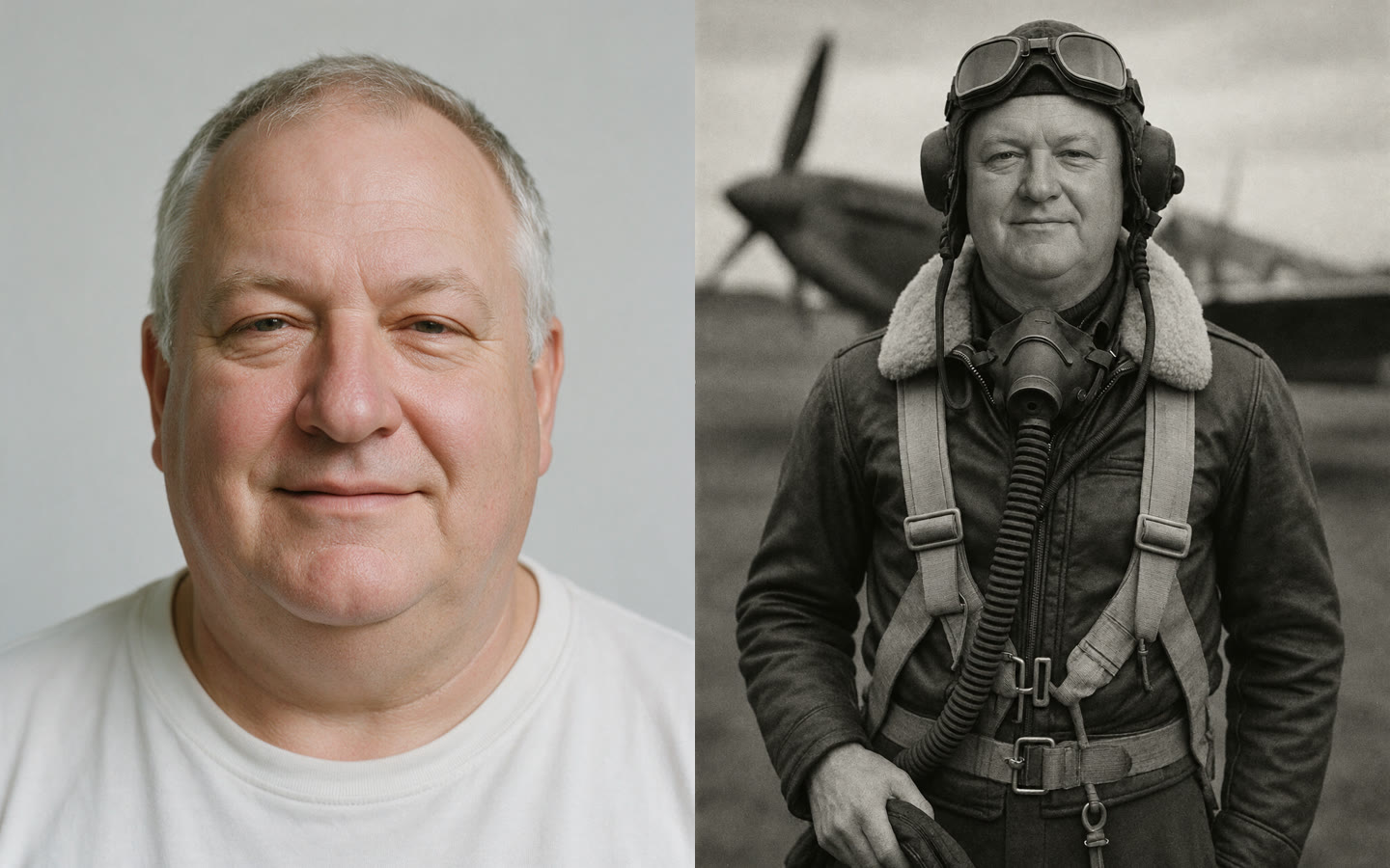 On the left, a plain headshot of a smiling older man with grey hair in a white t-shirt; on the right, the same man as a WWII fighter pilot in a sepia portrait