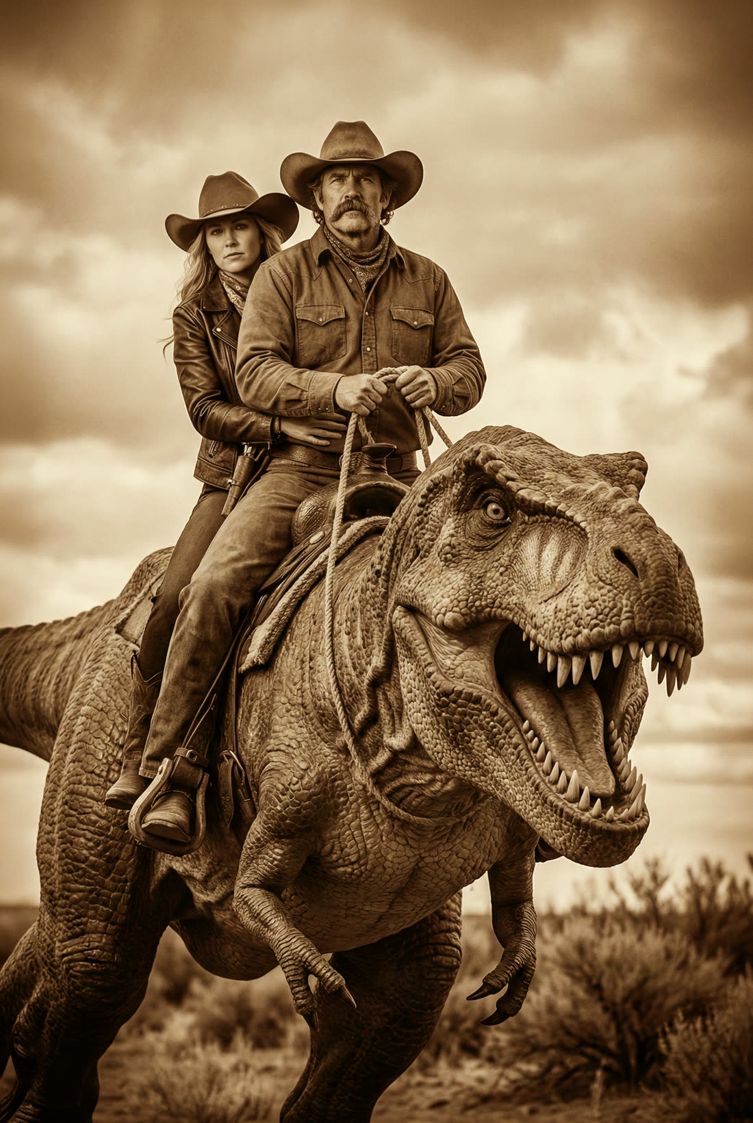 Sepia portrait of a cowboy couple riding a roaring T-rex